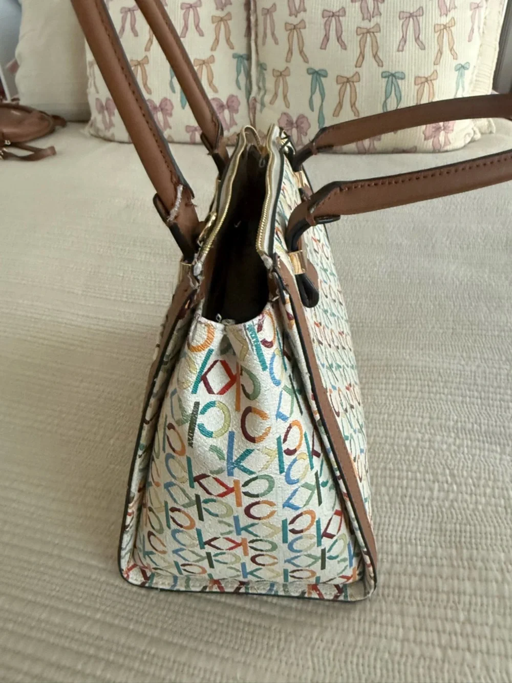 Calvin Klein Multicolor Logo Canvas Satchel with Brown Trim